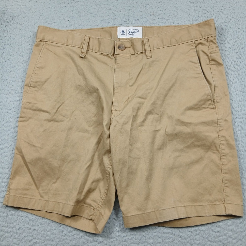 Original Penguin Chino Shorts Mens 34 Khaki Tan Casual Cotton Flat Front - Picture 3 of 11